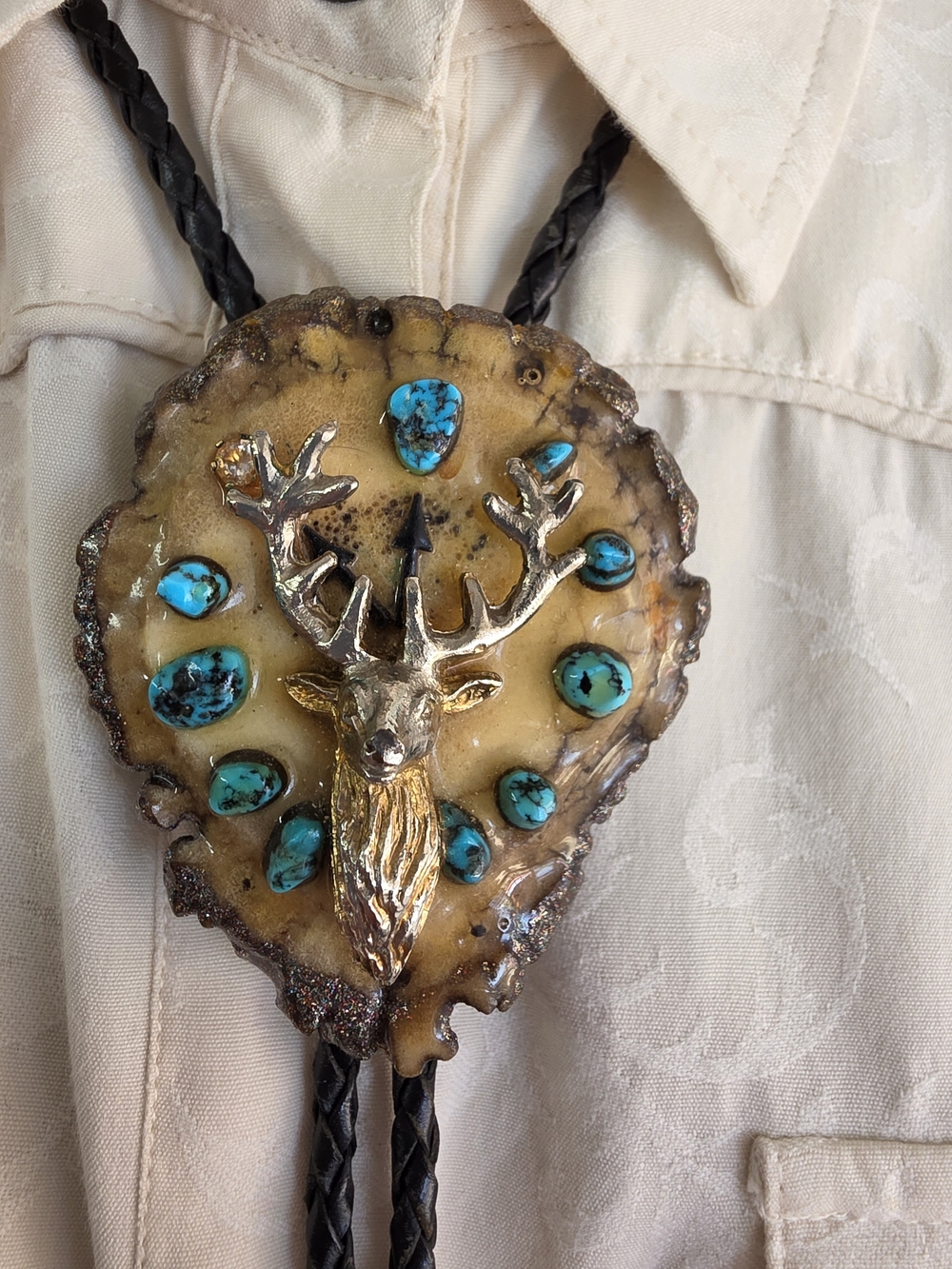 Western Deer Antler Bolo Tie Turquoise Stone Buck Rustic Cowboy Handmade